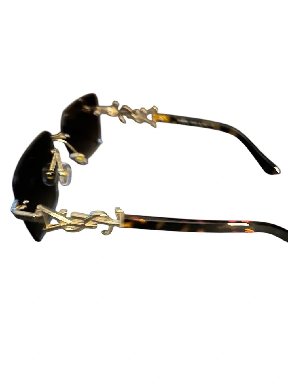 YSL/ Tortoiseshell Arm Rimless Sunglasses with Gold Logo - Brown